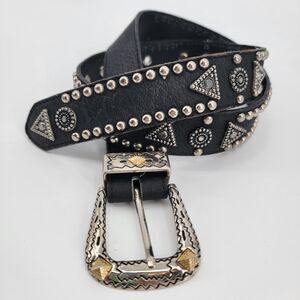 Jana Womens Black Genuine Leather Silver Concho Studded Southwestern Belt 26"